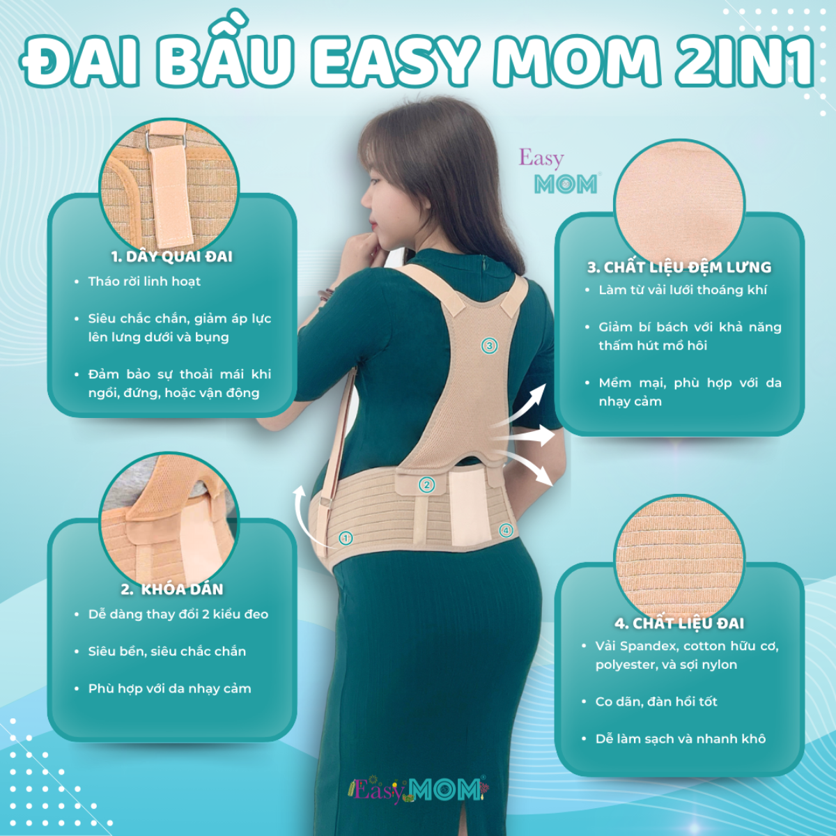 Đai đỡ bụng bầu Easy MOM 2in1 được nhiều mẹ đánh giá cao nhờ khả năng nâng đỡ ổn định và sử dụng linh hoạt theo từng giai đoạn thai kỳ