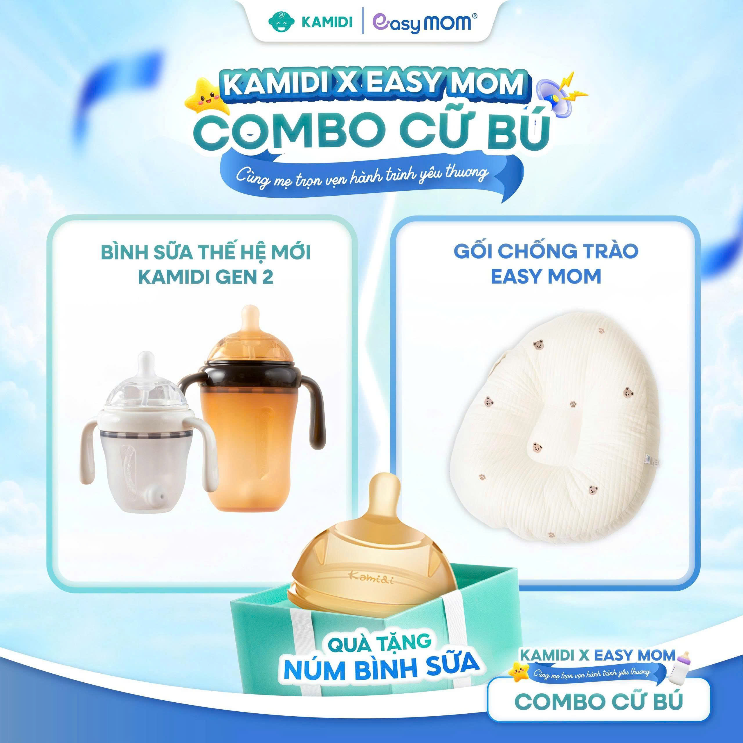 [Combo Cữ Bú] Bình sữa Kamidi Gen 2 Thế Hệ Mới x Gối Chống Trào Easy Mom